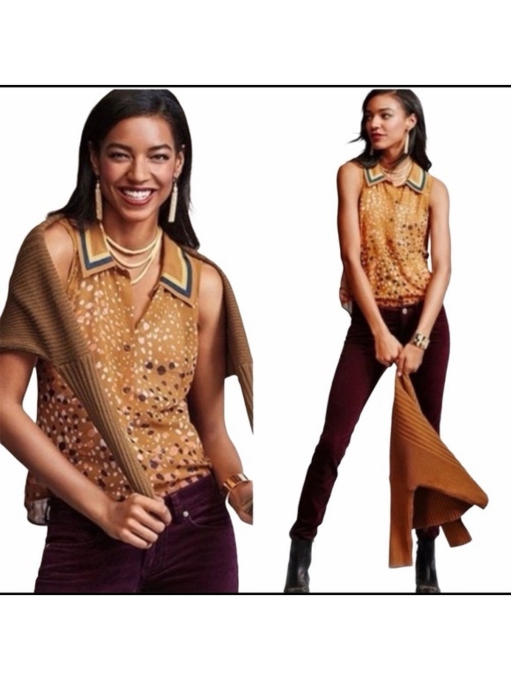 CAbi sz Large Sleeveless Printed Collared top in gold with navy Contrast Trim